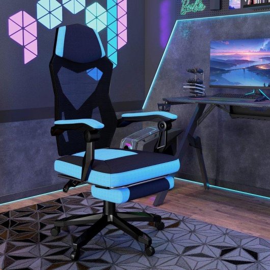 Silla Gaming Ergonómica Welltin Reclinable 135° con Reposapiés Azul/Negro