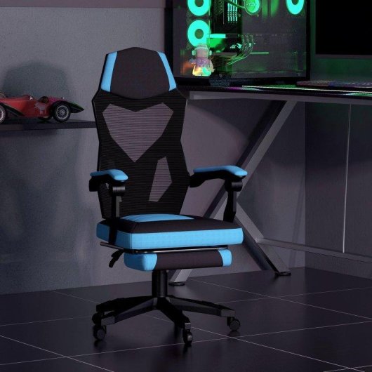 Silla Gaming Ergonómica Welltin Reclinable 135° con Reposapiés Azul/Negro