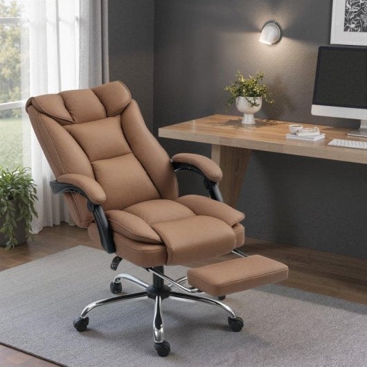 Silla de Escritorio Welltin Ergonómica Con Reposapiés Reclinable 155° Cuero Sintético Marrón