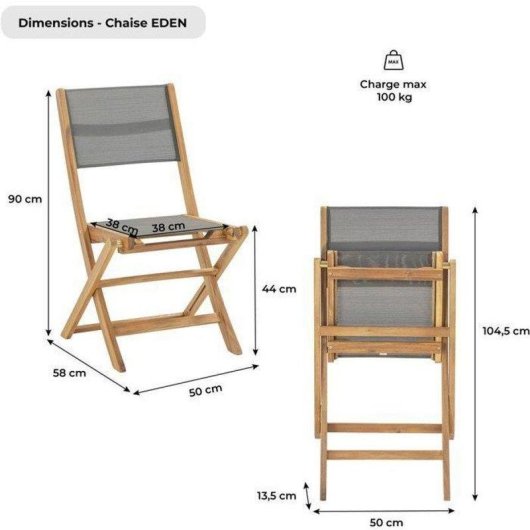Chaise pliante NO NAME Eden Textilene Gris FSC Acacia