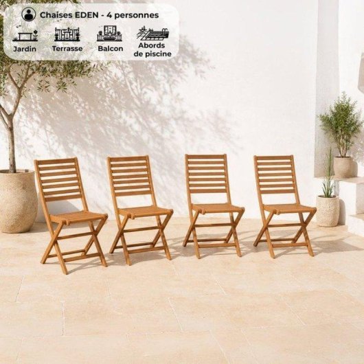Conjunto de 4 cadeiras de jardim dobraveis em acacia FSC acabamento natural