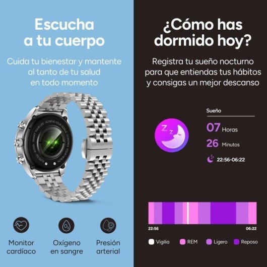 Ksix Elite Go Bluetooth 1,43" Plata Correa Acero IP67 SpO2 Pulsómetro Monitor Sueño