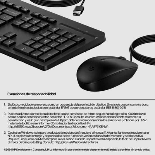 Tastatur HP 225 Komplett kabelgebunden mit optischer USB-Maus schwarz ambidextrös