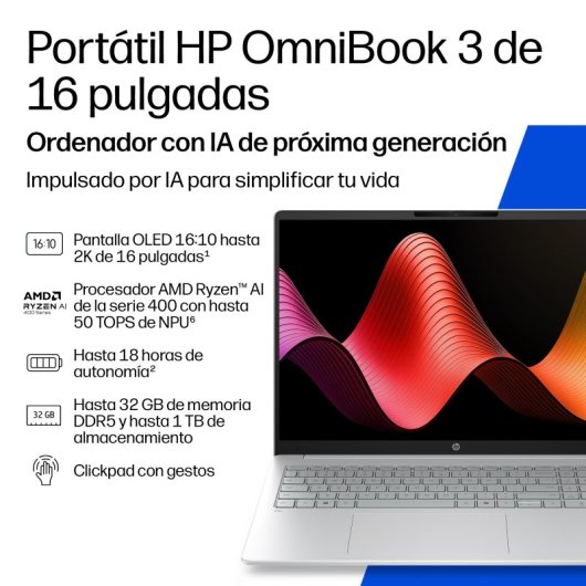 Portátil HP OmniBook 3 16-by0003nsx 16" OLED AMD Ryzen 7 16GB 512GB SSD Radeon 680M Windows 11 Home