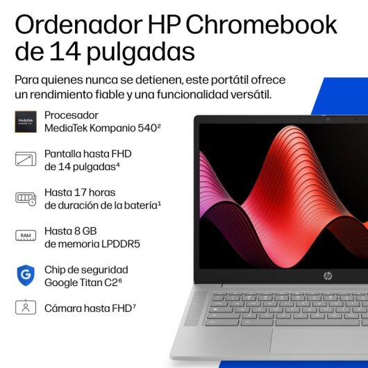 Portátil HP Chromebook 14a-nm0006nsx, 14", MediaTek Kompanio, 8 GB RAM, 128 GB UFS, ChromeOS