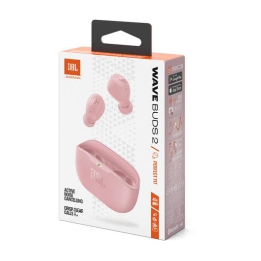 Auriculares JBL Wave Buds 2 sem fios Bluetooth com Cancelamento de Ruído e IP54 rosa
