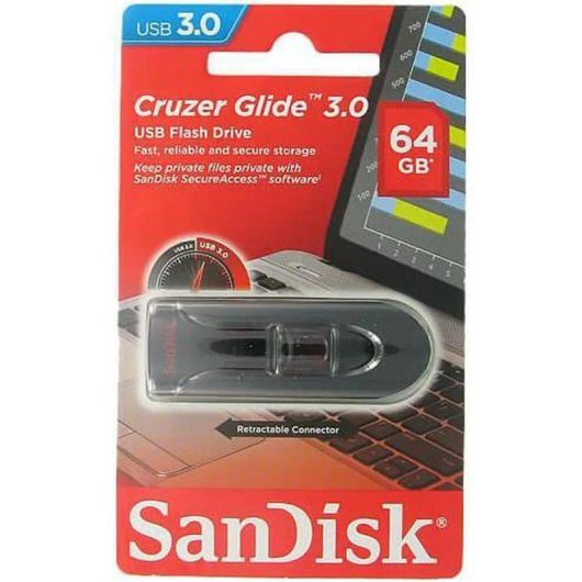 Unidad flash USB SanDisk Cruzer Glide 64GB USB 3.0 retráctil negra y roja
