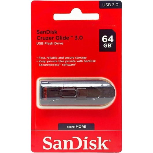 Unidad flash USB SanDisk Cruzer Glide 64GB USB 3.0 retráctil negra y roja