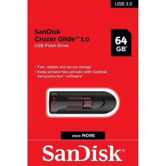 Unidad flash USB SanDisk Cruzer Glide 64GB USB 3.0 retráctil negra y roja