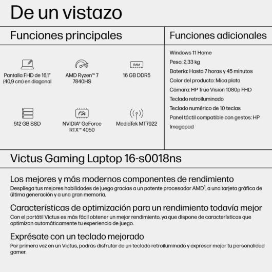 Portátil HP Victus Gaming 16-s0018ns 16,1" AMD Ryzen 7 7840HS 16GB 512GB SSD RTX 4050 Windows 11