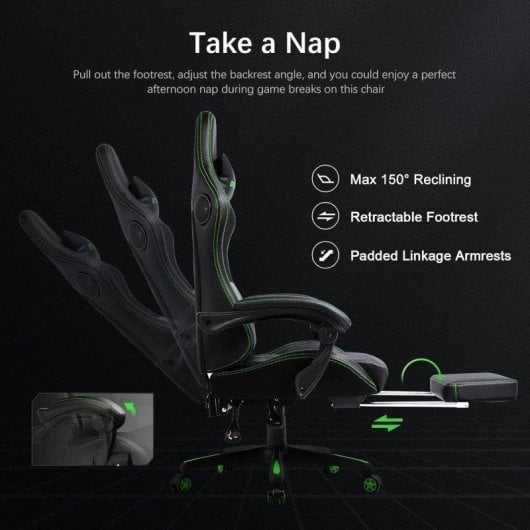 Cadeira Gaming GTPLAYER Ergonomica com Reposapies e Altifalantes Verde