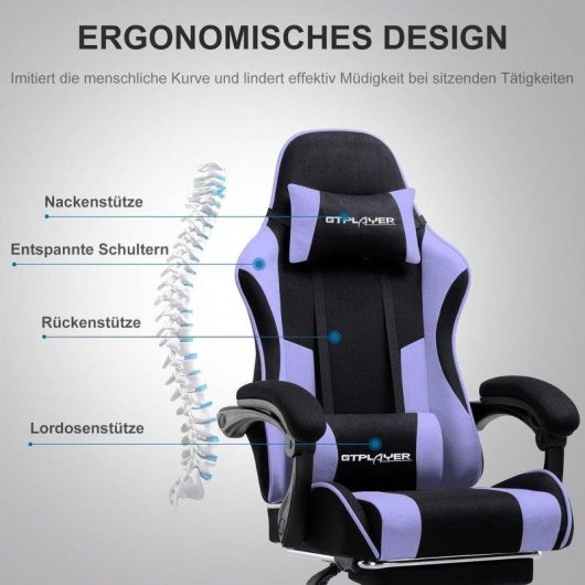 Silla Gaming GTPLAYER Ergonómica con Reposapiés y Masaje Lumbar Tela Violeta