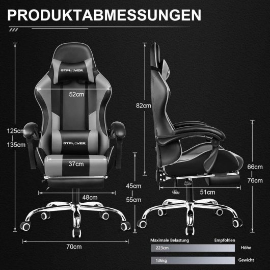 Silla Gaming GTPLAYER Ergonómica con Reposapiés y Masaje Lumbar Piel Sintética Gris