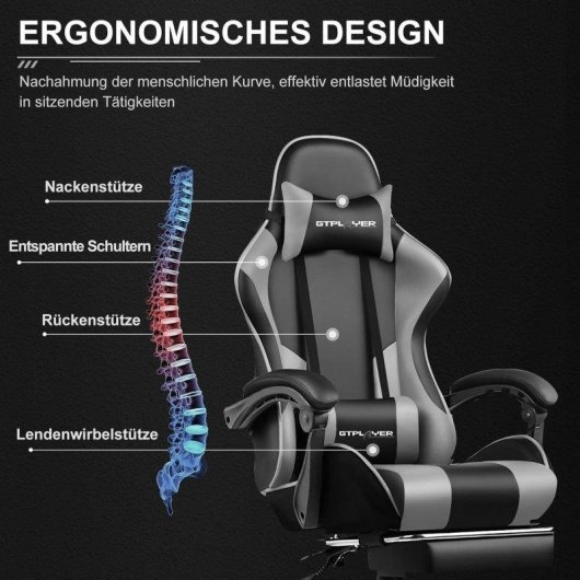 Silla Gaming GTPLAYER Ergonómica con Reposapiés y Masaje Lumbar Piel Sintética Gris