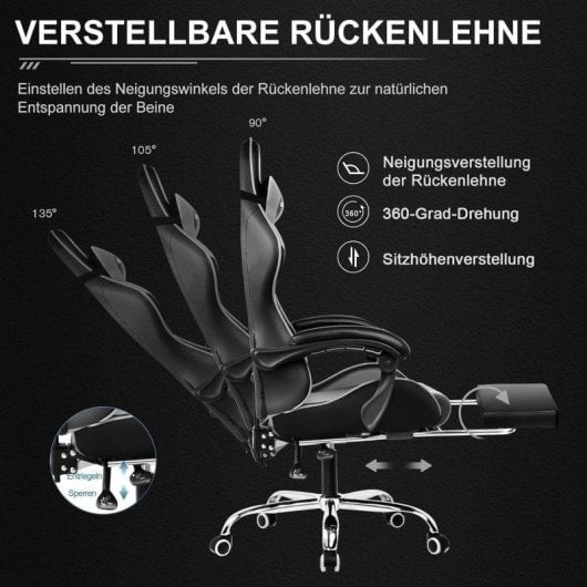 Silla Gaming GTPLAYER Ergonómica con Reposapiés y Masaje Lumbar Piel Sintética Gris