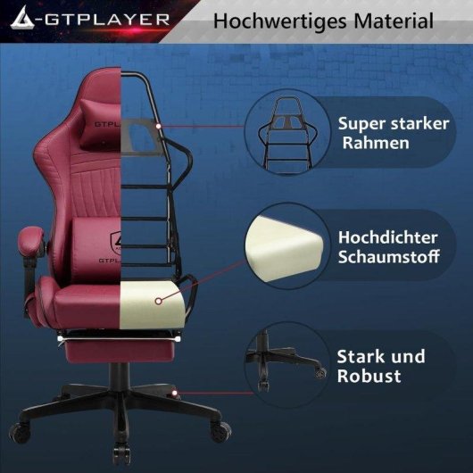 Silla Gaming GTPLAYER Ergonómica con Altavoces y Reposapiés Rojo Vino