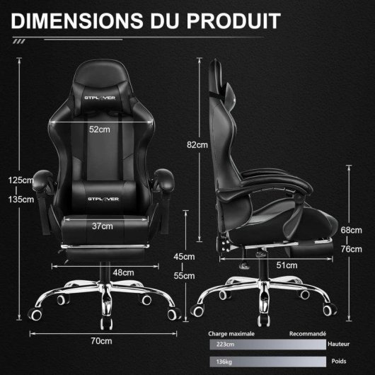 Sedia Gaming GTPLAYER Ergonomica con Poggiapiedi e Massaggio USB