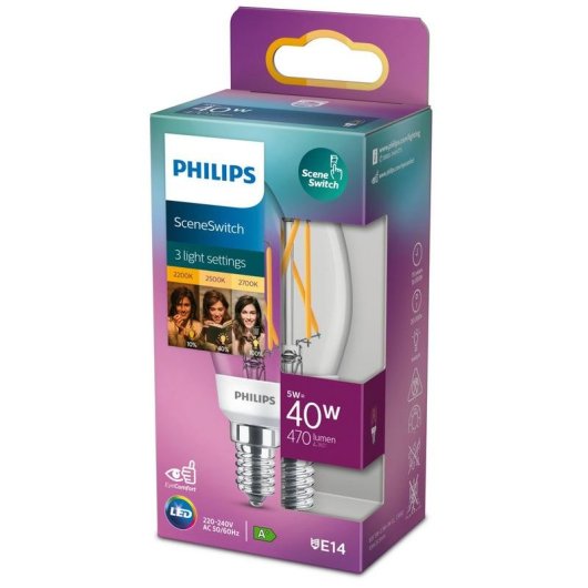 Bombilla LED Philips LEDClassic SSW 40W B35 E14 luz regulable cálida