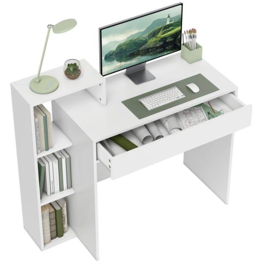 Scrivania Moderna Aosom con 3 Ripiani Aperti e Cassetto Bianco