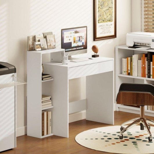 Scrivania Moderna Aosom con 3 Ripiani Aperti e Cassetto Bianco