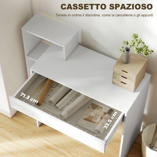 Scrivania Moderna Aosom con 3 Ripiani Aperti e Cassetto Bianco