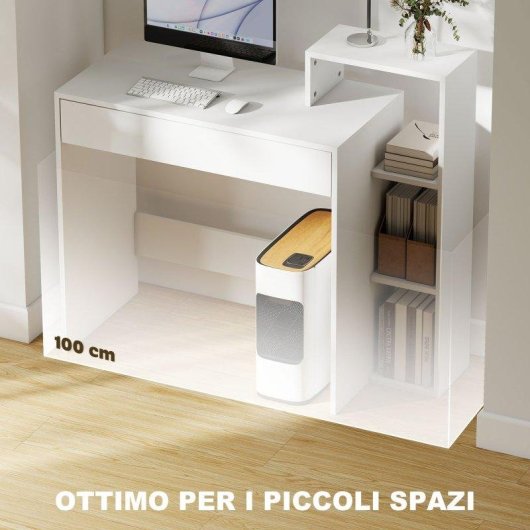 Scrivania Moderna Aosom con 3 Ripiani Aperti e Cassetto Bianco