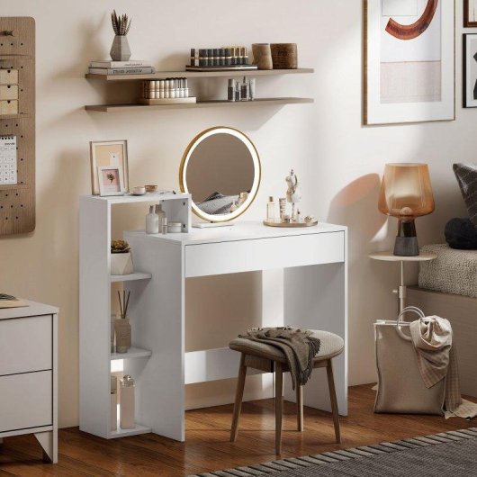 Scrivania Moderna Aosom con 3 Ripiani Aperti e Cassetto Bianco