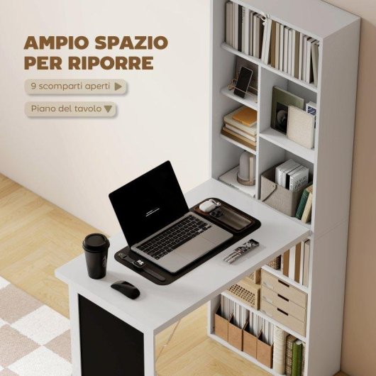 Scrivania Pc Pieghevole Aosom con Libreria 9 Ripiani Legno Metallo