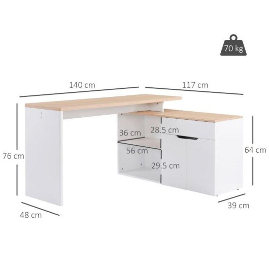 Scrivania Angolare Aosom con Libreria 140x117x76 cm Legno Bianco