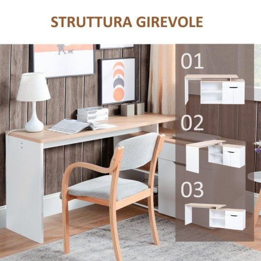 Scrivania Angolare Aosom con Libreria 140x117x76 cm Legno Bianco