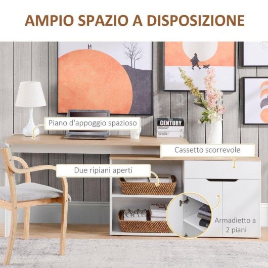 Scrivania Angolare Aosom con Libreria 140x117x76 cm Legno Bianco