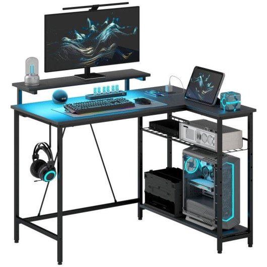 Scrivania angolare Aosom reversibile con LED, prese elettriche e USB, nera