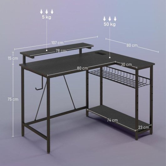 Scrivania angolare Aosom reversibile con LED, prese elettriche e USB, nera