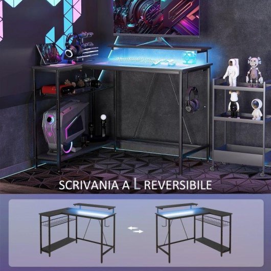 Scrivania angolare Aosom reversibile con LED, prese elettriche e USB, nera