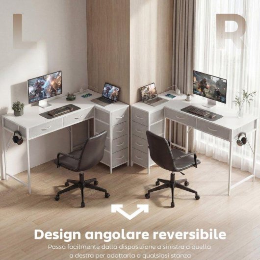 Scrivania angolare Aosom con 6 cassetti e prese integrate bianca