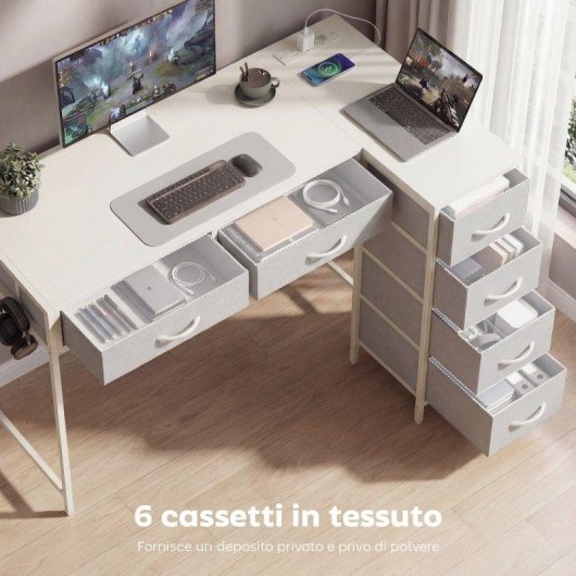 Scrivania angolare Aosom con 6 cassetti e prese integrate bianca