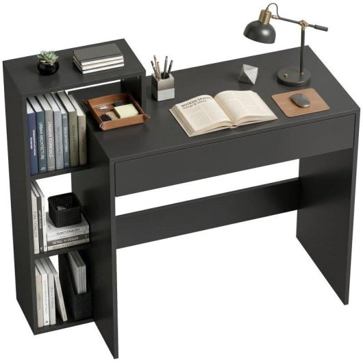 Scrivania Moderna Aosom con 3 Ripiani Aperti e Cassetto Nero 100x40x90 cm