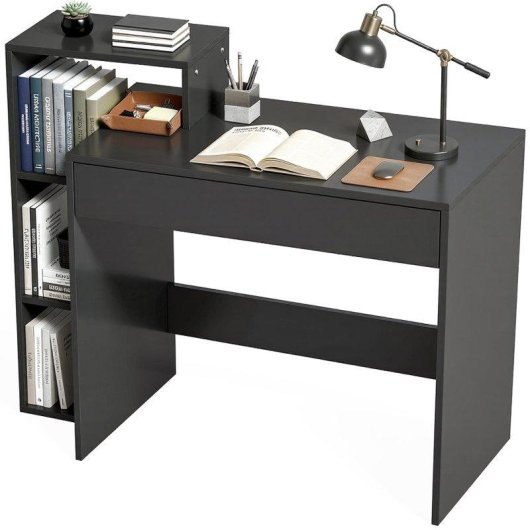 Scrivania Moderna Aosom con 3 Ripiani Aperti e Cassetto Nero 100x40x90 cm