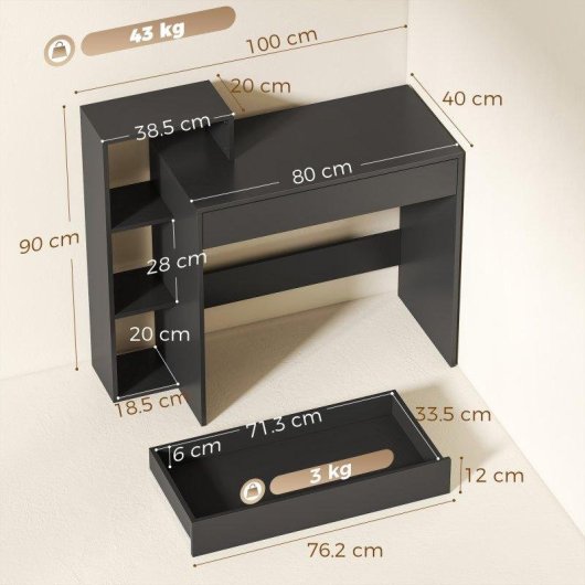 Scrivania Moderna Aosom con 3 Ripiani Aperti e Cassetto Nero 100x40x90 cm