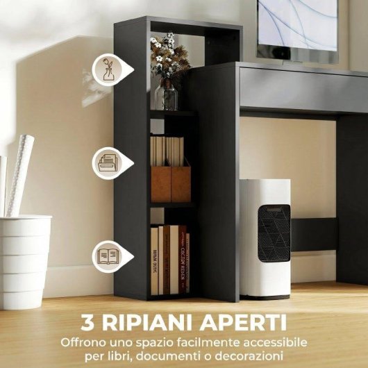 Scrivania Moderna Aosom con 3 Ripiani Aperti e Cassetto Nero 100x40x90 cm