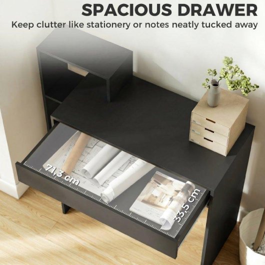 Scrivania Moderna Aosom con 3 Ripiani Aperti e Cassetto Nero 100x40x90 cm