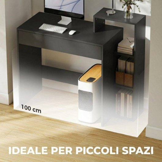 Scrivania Moderna Aosom con 3 Ripiani Aperti e Cassetto Nero 100x40x90 cm