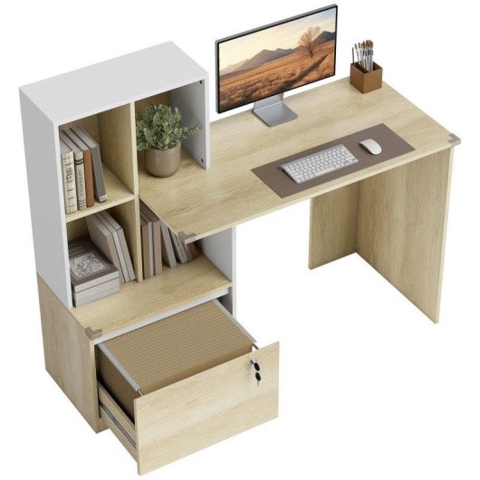 Scrivania Aosom con libreria e cassetto con serratura bianco 126x50x109 cm