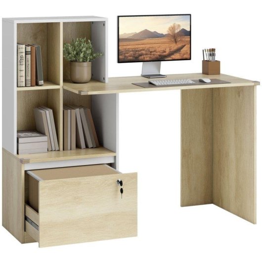 Scrivania Aosom con libreria e cassetto con serratura bianco 126x50x109 cm