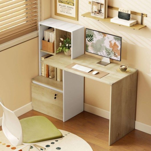 Scrivania Aosom con libreria e cassetto con serratura bianco 126x50x109 cm