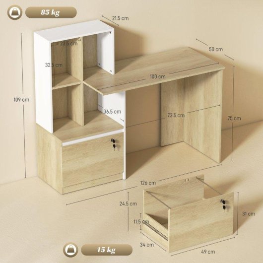 Scrivania Aosom con libreria e cassetto con serratura bianco 126x50x109 cm