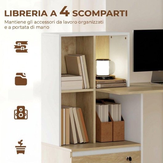 Scrivania Aosom con libreria e cassetto con serratura bianco 126x50x109 cm