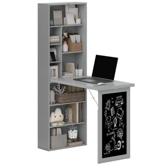 Scrivania PC Pieghvole Aosom con Libreria 9 Ripiani Grigio