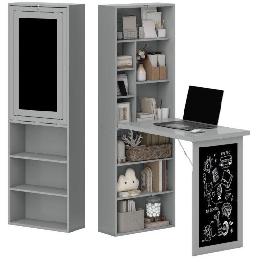 Scrivania PC Pieghvole Aosom con Libreria 9 Ripiani Grigio