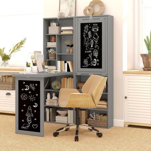 Scrivania PC Pieghvole Aosom con Libreria 9 Ripiani Grigio